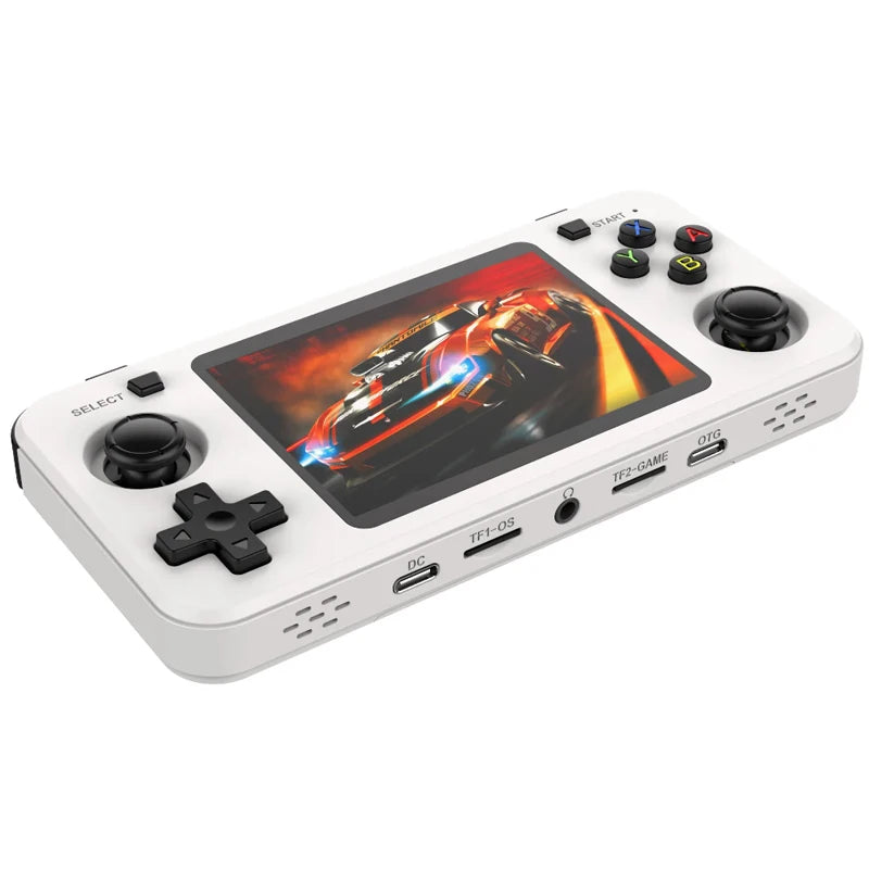 Handheld gaming console with screen displaying a racing game on a white background